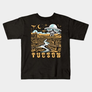 Tucson Arizona Vintage UFO Desert Town Illustration - Retro Extraterrestrial Art Kids T-Shirt